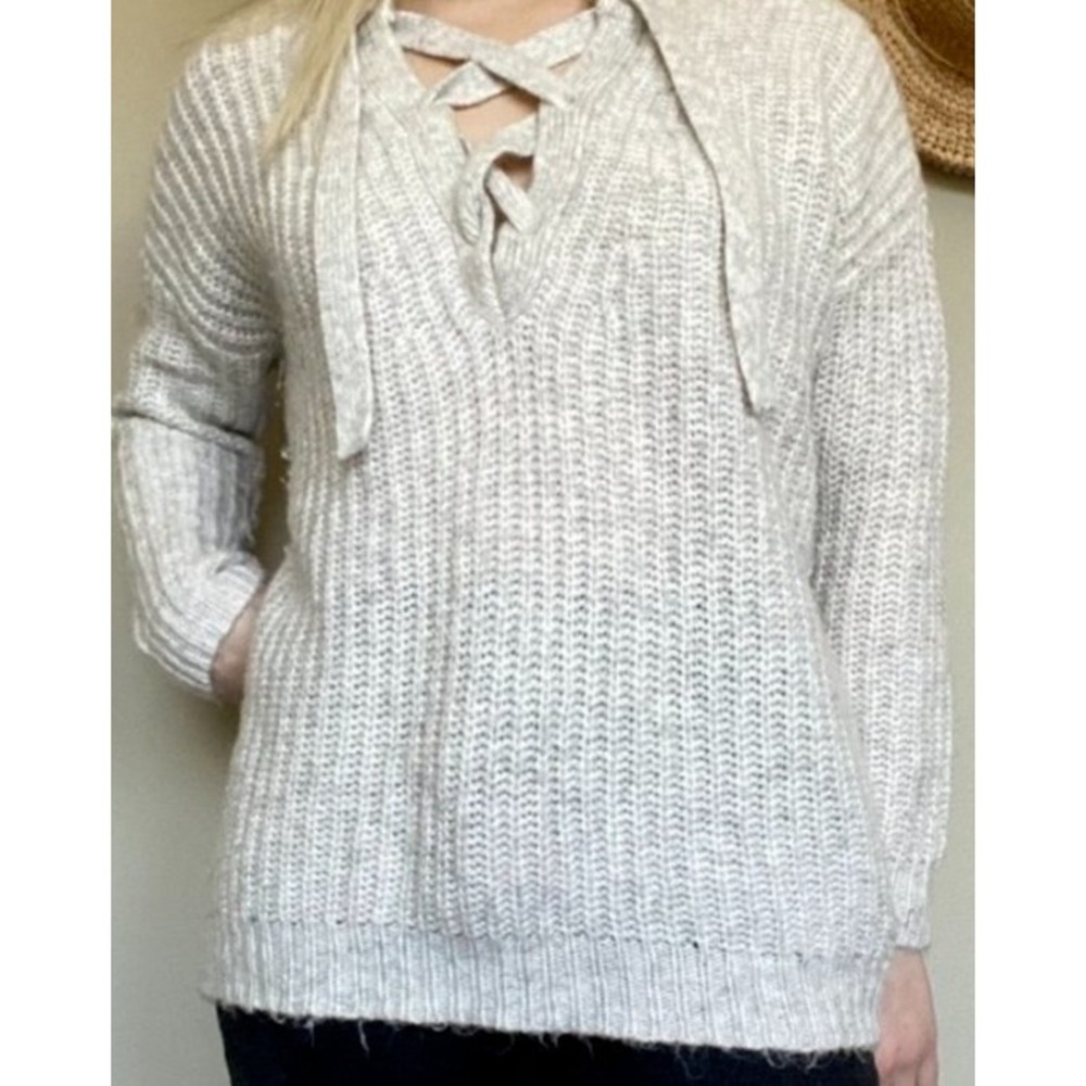 Aerie Womens Gray Knit Sweater Lace Up‎ V Neck Pullover Size Large